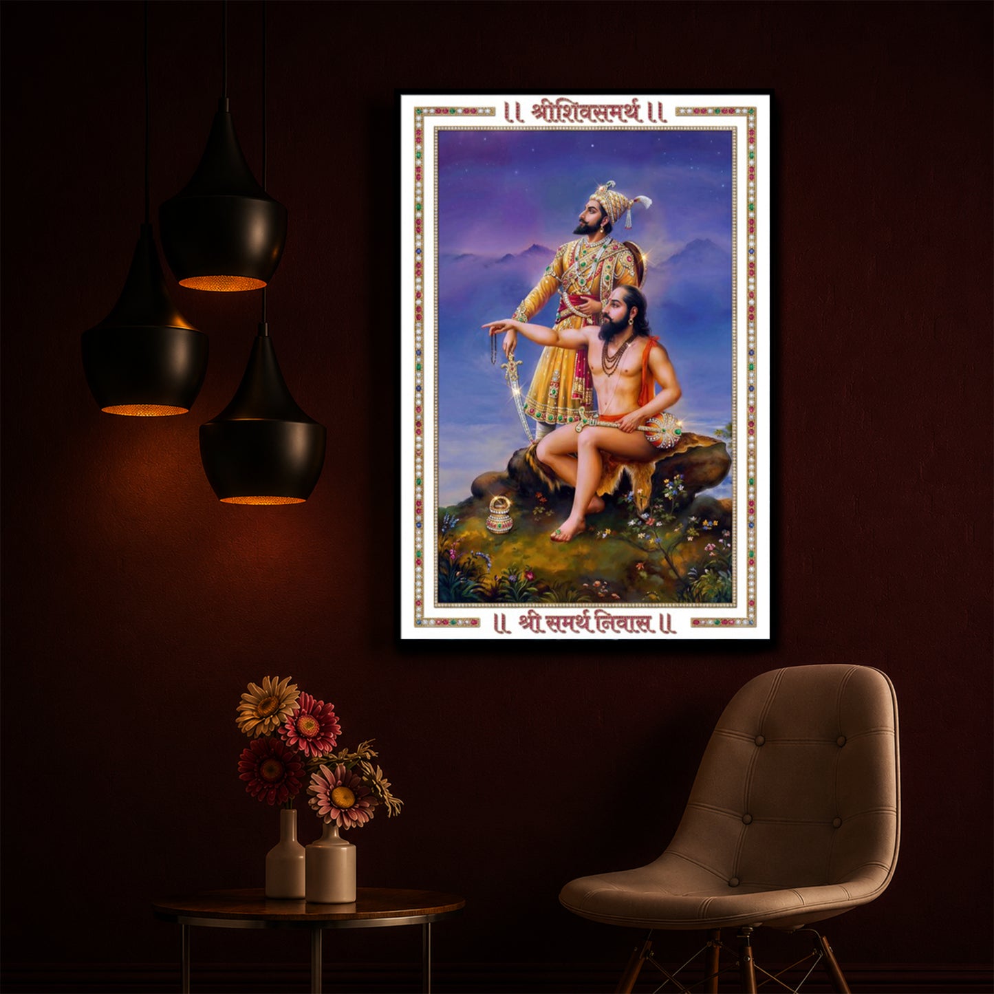Samarth Ramdas Swami and Shivaji Maharaj Modern Luxury Backlight Vertical Wall Art