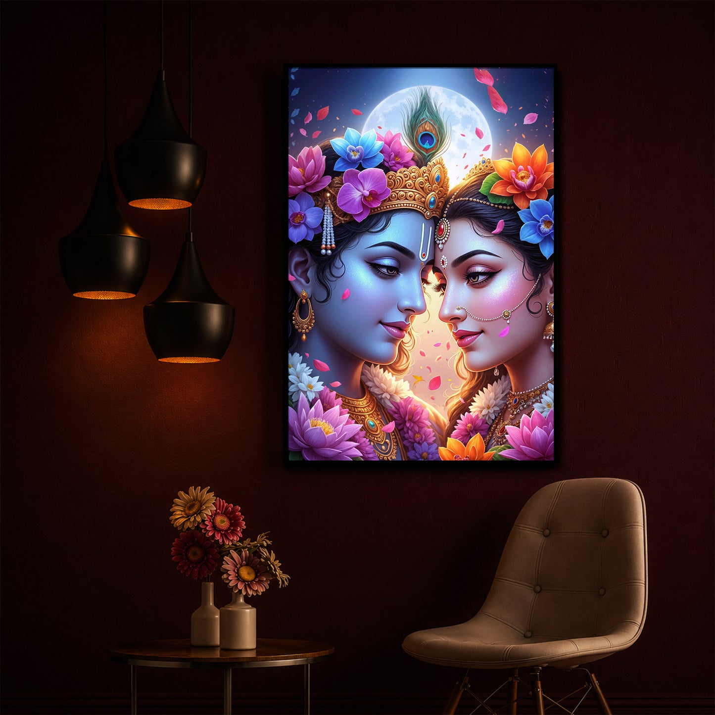 Loving Shri Radha Krishna Modern Luxury Backlight Vertical Wall Art