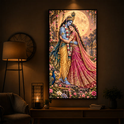 Divine Love of Krishna Radha Modern Luxury Backlight Vertical Wall Art