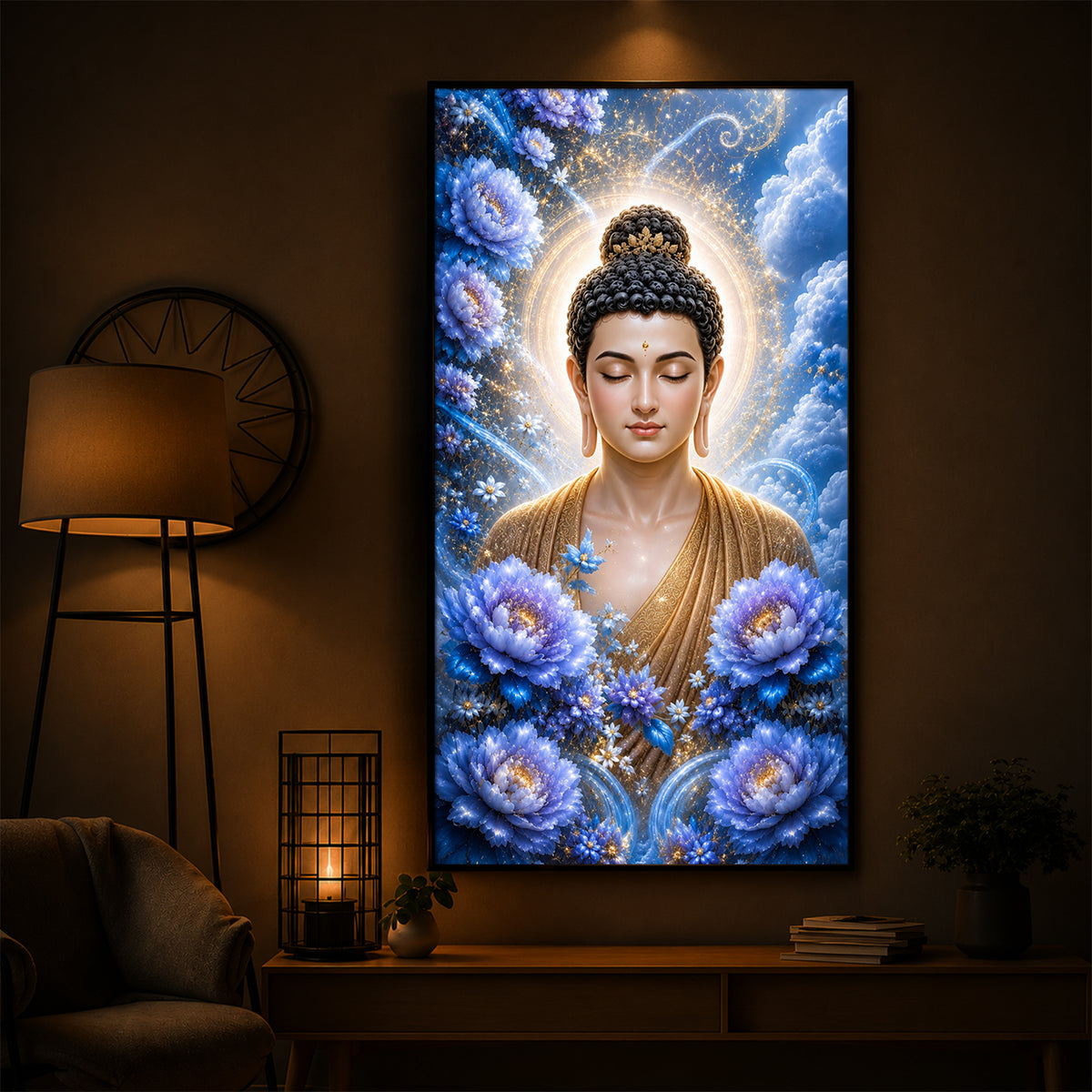 Divine Buddha Glowing Aura Modern Luxury Backlight Vertical Wall Art