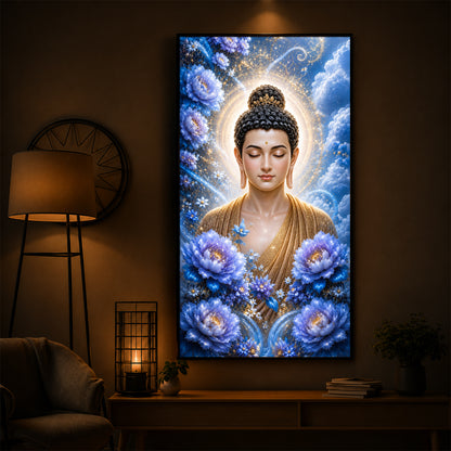 Divine Buddha Glowing Aura Modern Luxury Backlight Vertical Wall Art