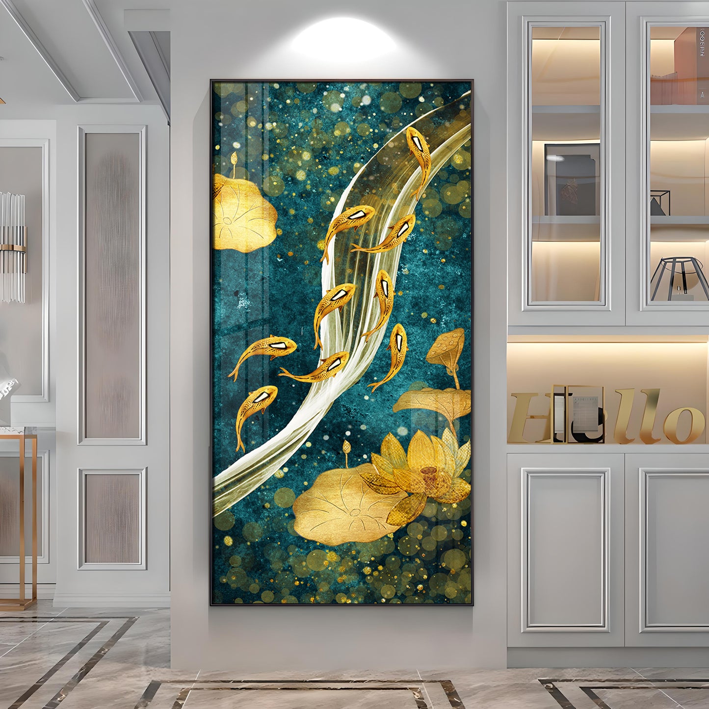 Modern Golden Koi Fish & Lotus Premium Acrylic Vertical Wall Art