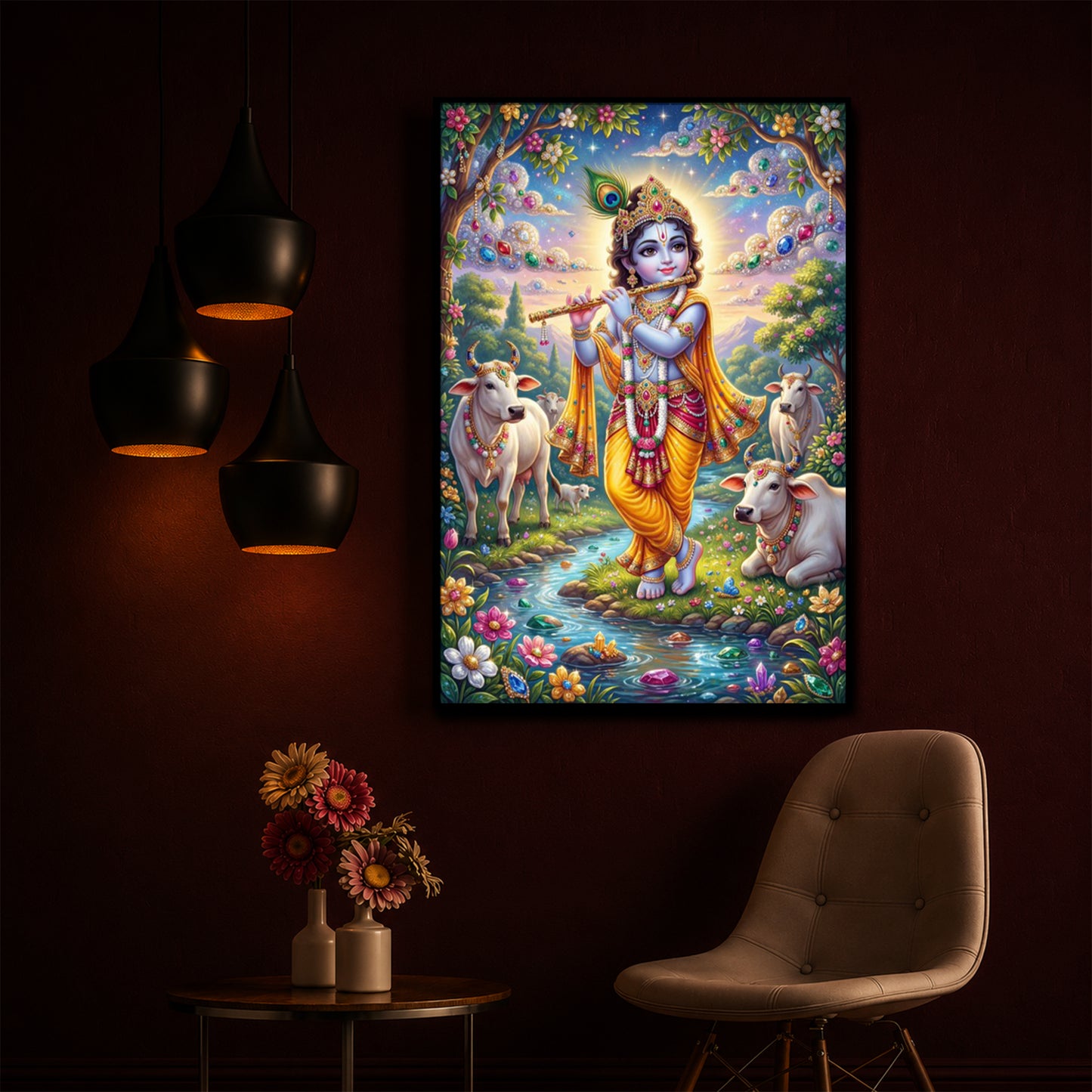 Little Kanha With Cow Modern Luxury Backlight Vertical Wall Art