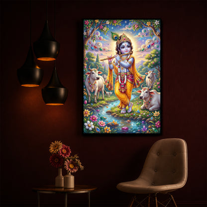 Little Kanha With Cow Modern Luxury Backlight Vertical Wall Art