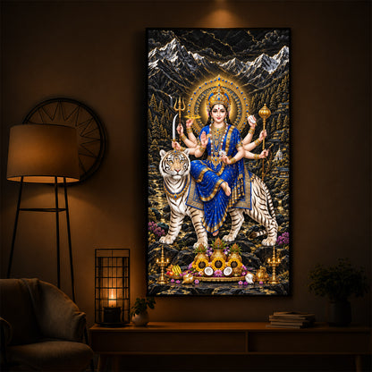 Maa Durga In Blue Saree Modern Luxury Backlight Vertical Wall Art