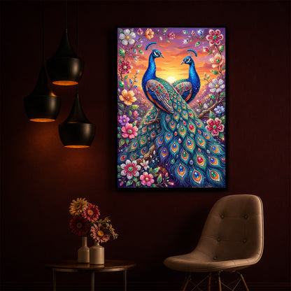 Majestic Pair Of Peacocks Modern Luxury Backlight Vertical Wall Art