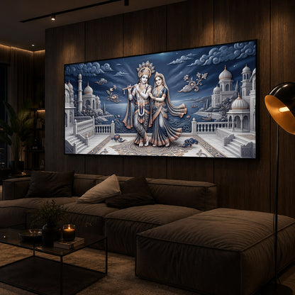 Divine Radha Krishna With Flute Modern Luxury Backlight Horizontal Wall Art