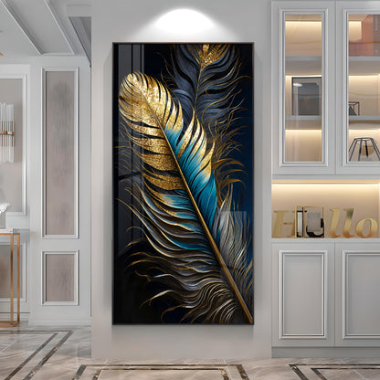 Luxurious Golden & Blue Feathers Premium Acrylic Vertical Wall Art
