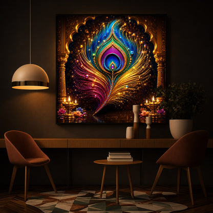 Glowing Peacock Feather Modern Luxury Backlight Square Wall Art