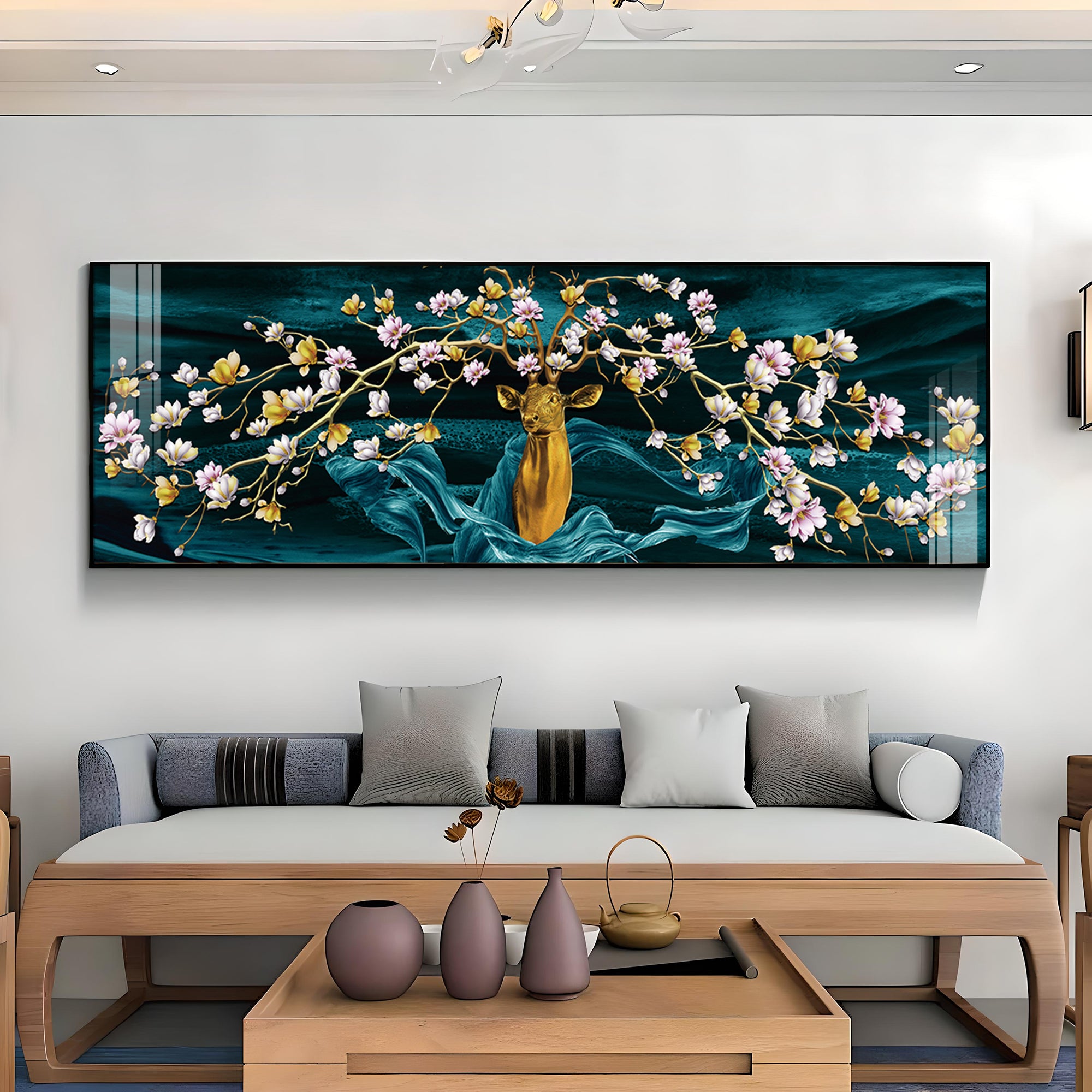 Golden Deer With Flowering Premium Acrylic Horizontal Wall Art