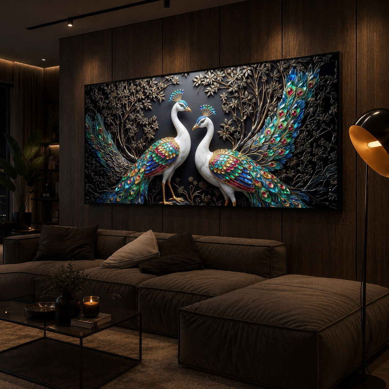 Serene Peacock Modern Luxury Backlight Horizontal Wall Art