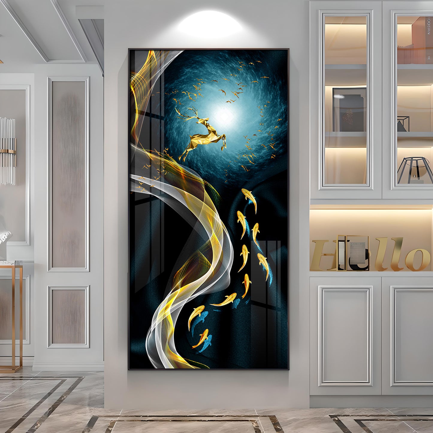 Golden Deer & Fish Premium Acrylic Vertical Wall Art