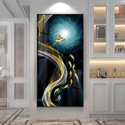 Golden Deer & Fish Premium Acrylic Vertical Wall Art