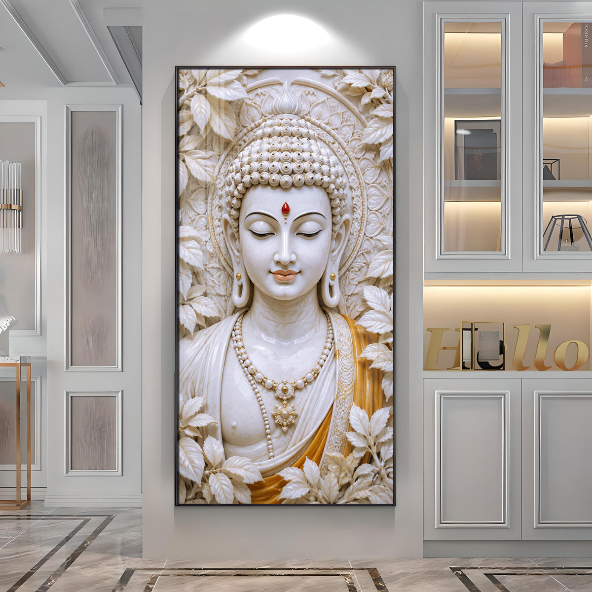 Meditating White Buddha Premium Acrylic Vertical Wall Art
