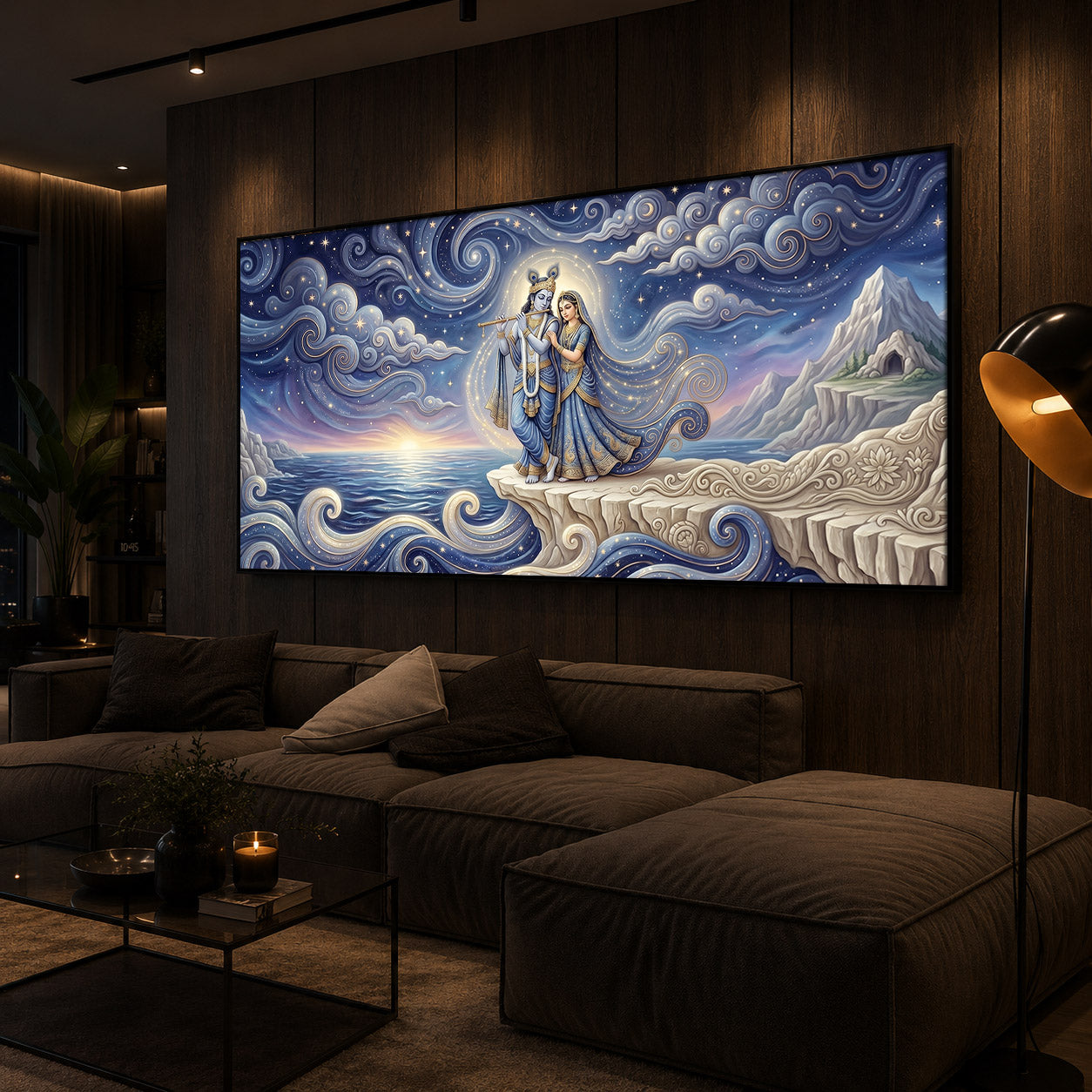 Divine Couple Radha Krishna With Flute Modern Luxury Backlight Horizontal Wall Art