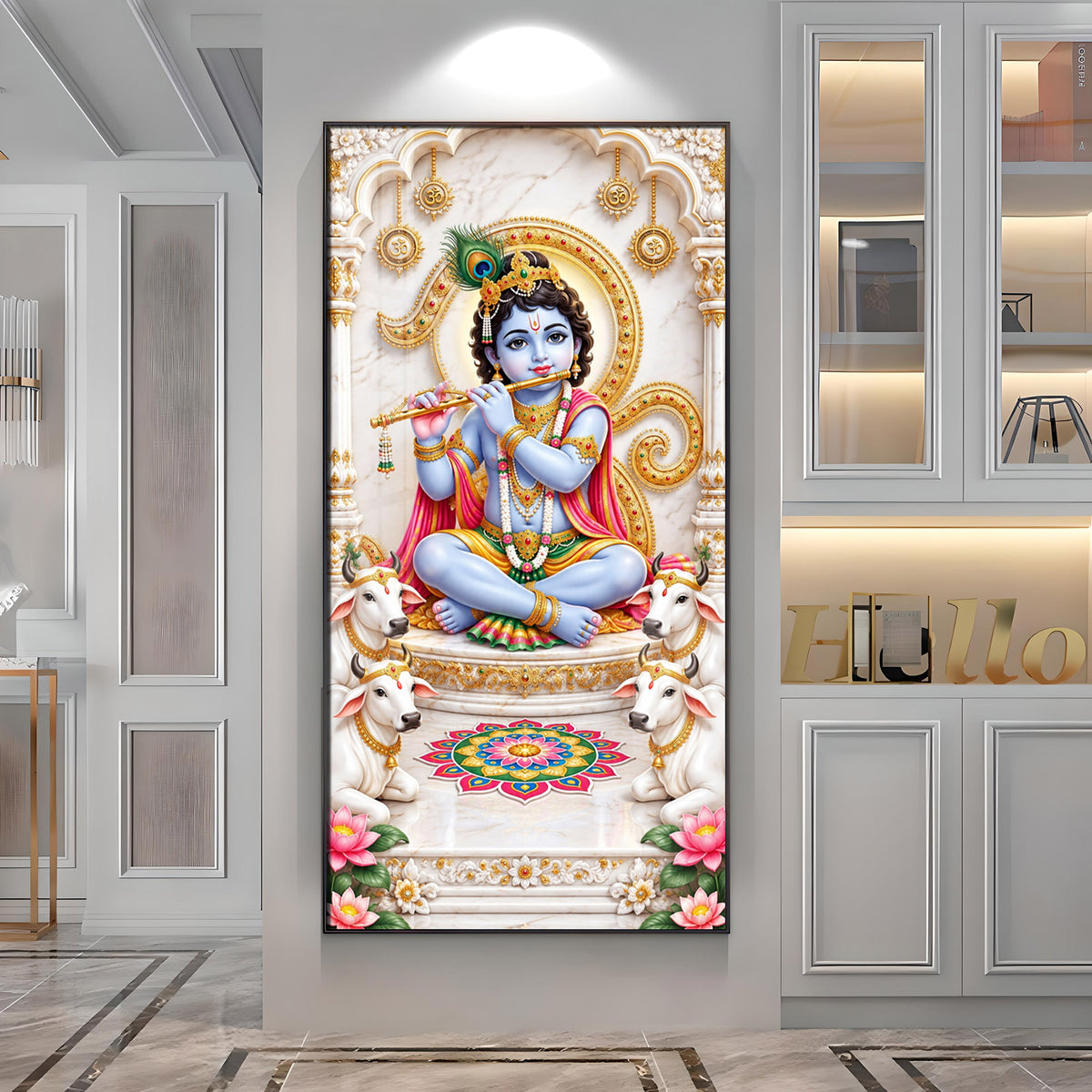 Krishna With White Cows Premium Acrylic Vertical Wall Art