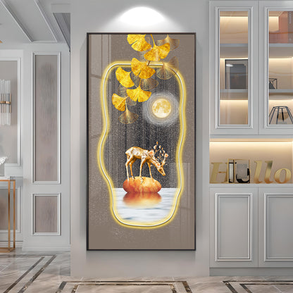 Golden Deer & Gingko Premium Acrylic Vertical Wall Art