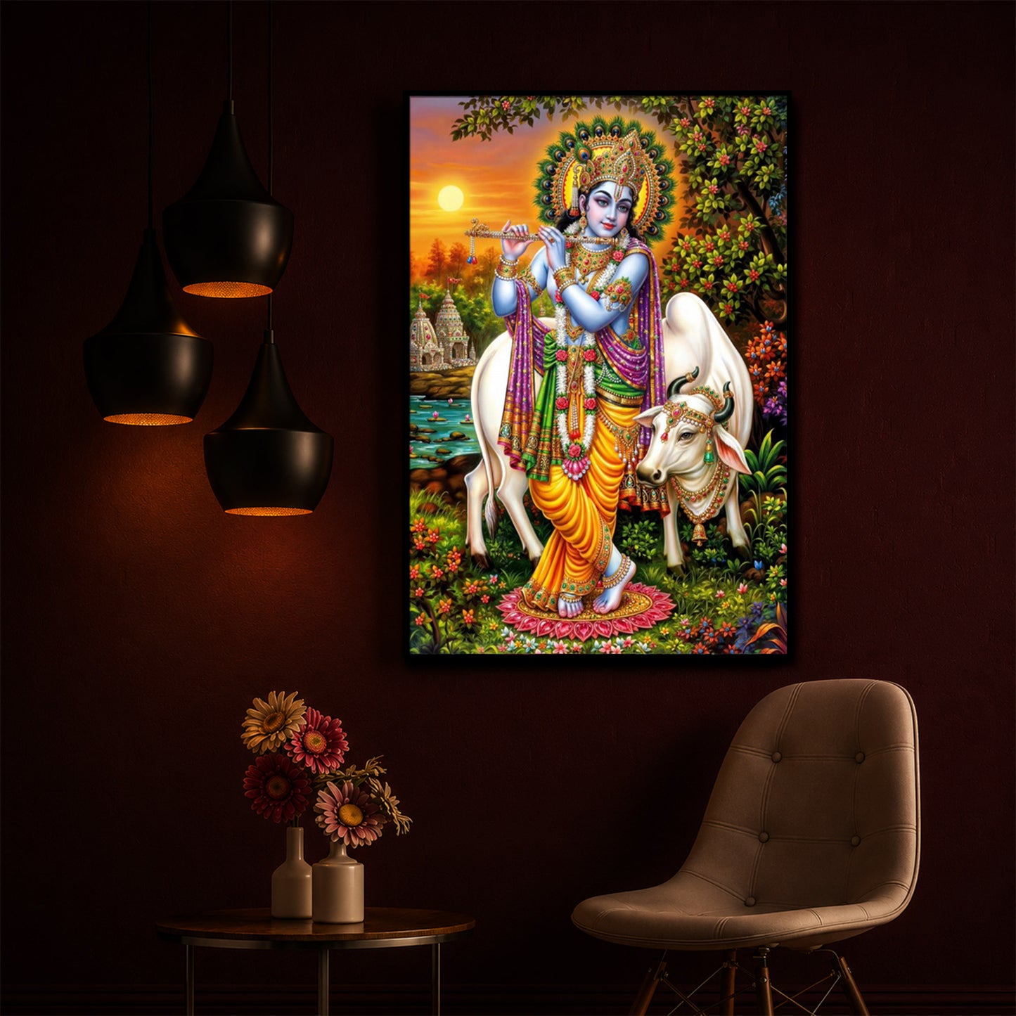 Lord Krishna Playing The Flute Modern Luxury Backlight Vertical Wall Art