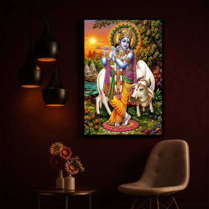 Lord Krishna Playing The Flute Modern Luxury Backlight Vertical Wall Art