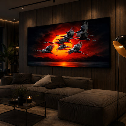 Flying Cranes At Sunset Modern Luxury Backlight Horizontal Wall Art