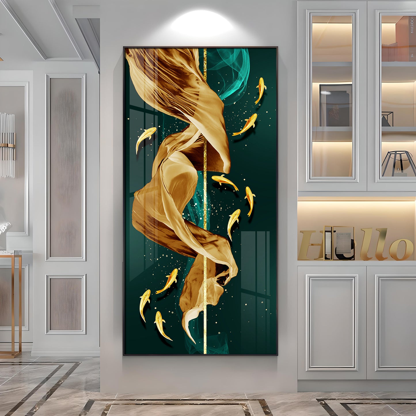 Fish & Flowing Gold Layer Premium Acrylic Vertical Wall Art