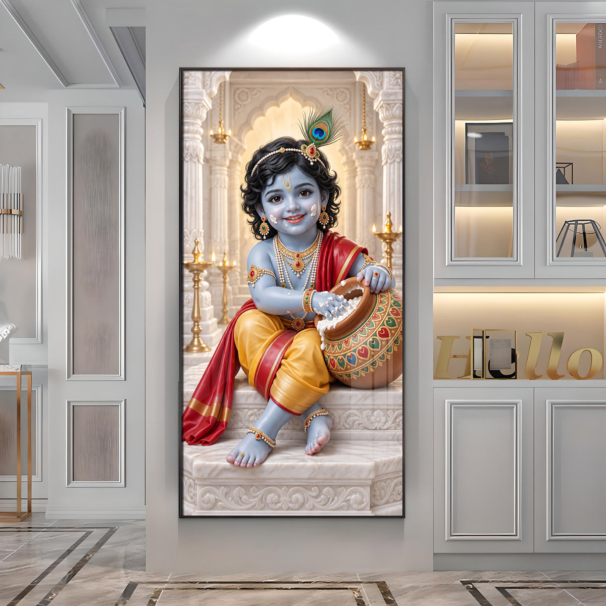 Little Krishna With Makhan Matki Premium Acrylic Vertical Wall Art
