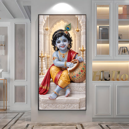 Little Krishna With Makhan Matki Premium Acrylic Vertical Wall Art