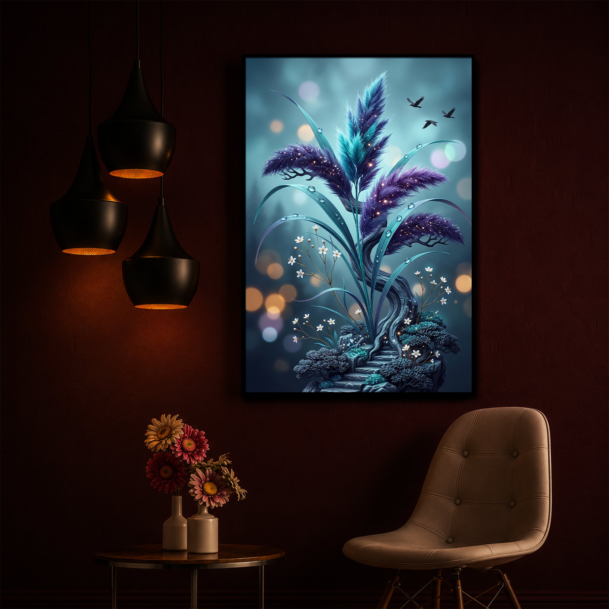 Mystical Purple Feather Plant Modern Luxury Backlight Vertical Wall Art