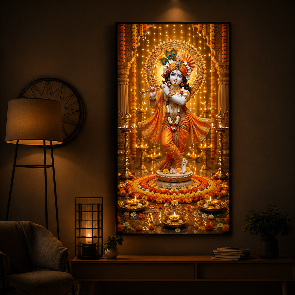 Beautiful Divine Krishna With Flute Modern Luxury Backlight Vertical Wall Art