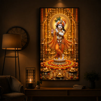 Beautiful Divine Krishna With Flute Modern Luxury Backlight Vertical Wall Art