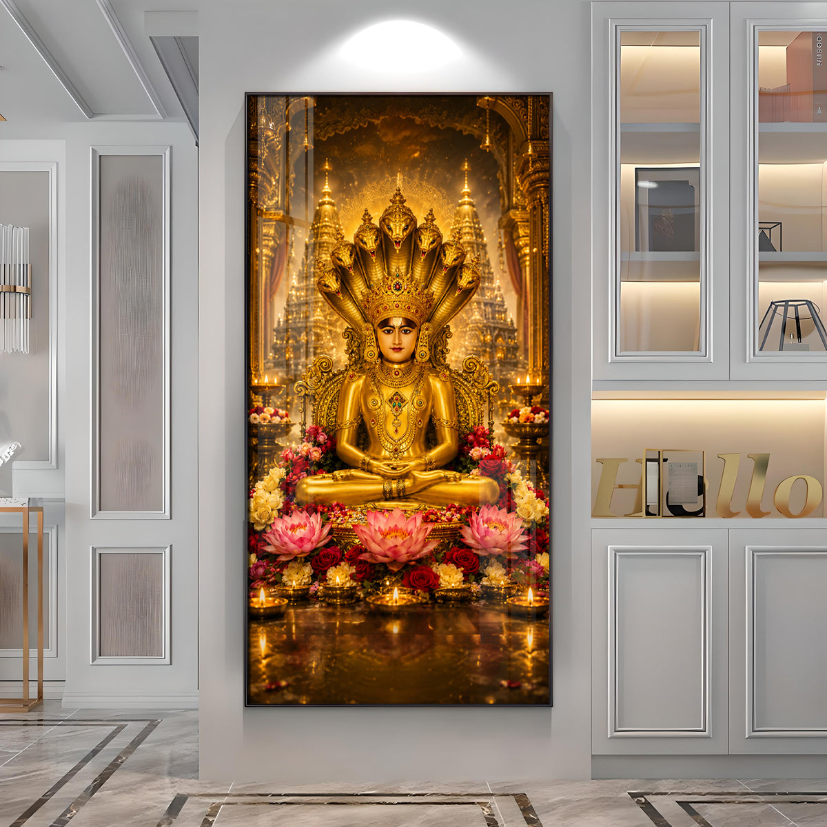 Divine Lord Parshvanath Golden Idol Lotus Premium Acrylic Vertical Wall Art