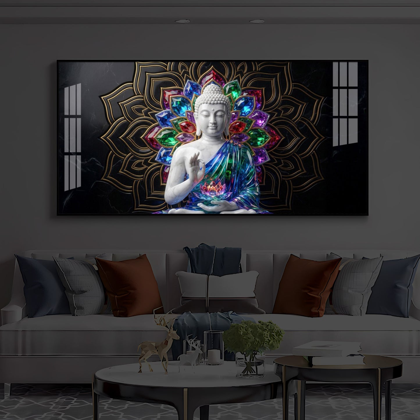 Meditating Buddha Modern Luxury Backlight Horizontal Wall Art