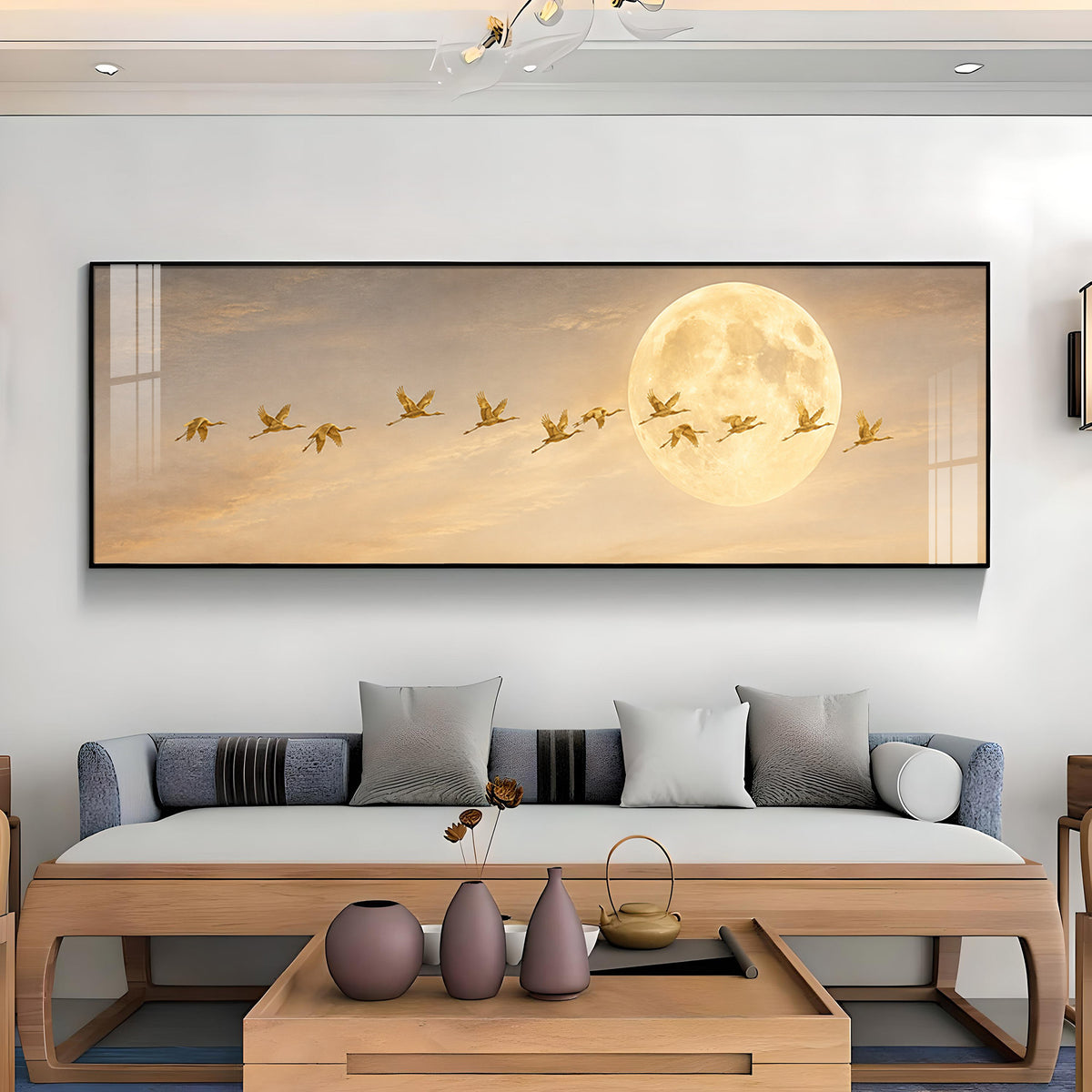 Golden Flying Cranes Full Moon Premium Acrylic Horizontal Wall Art