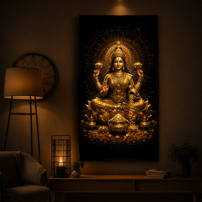 Divine Goddess Laxmi Golden Lotus Modern Luxury Backlight Vertical Wall Art