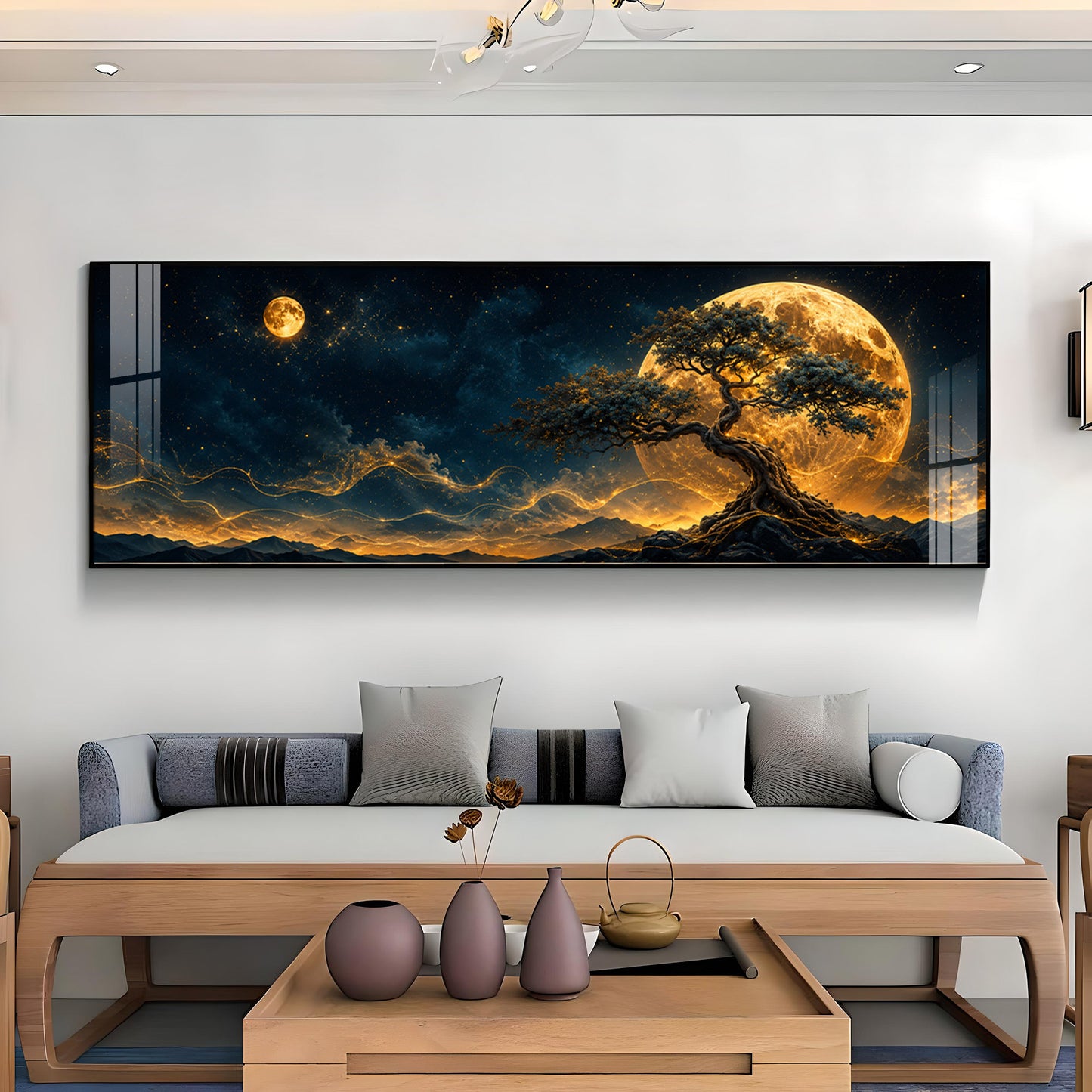 Golden Full Moon Bonsai Tree Premium Acrylic Horizontal Wall Art