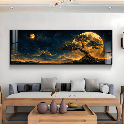 Golden Full Moon Bonsai Tree Premium Acrylic Horizontal Wall Art