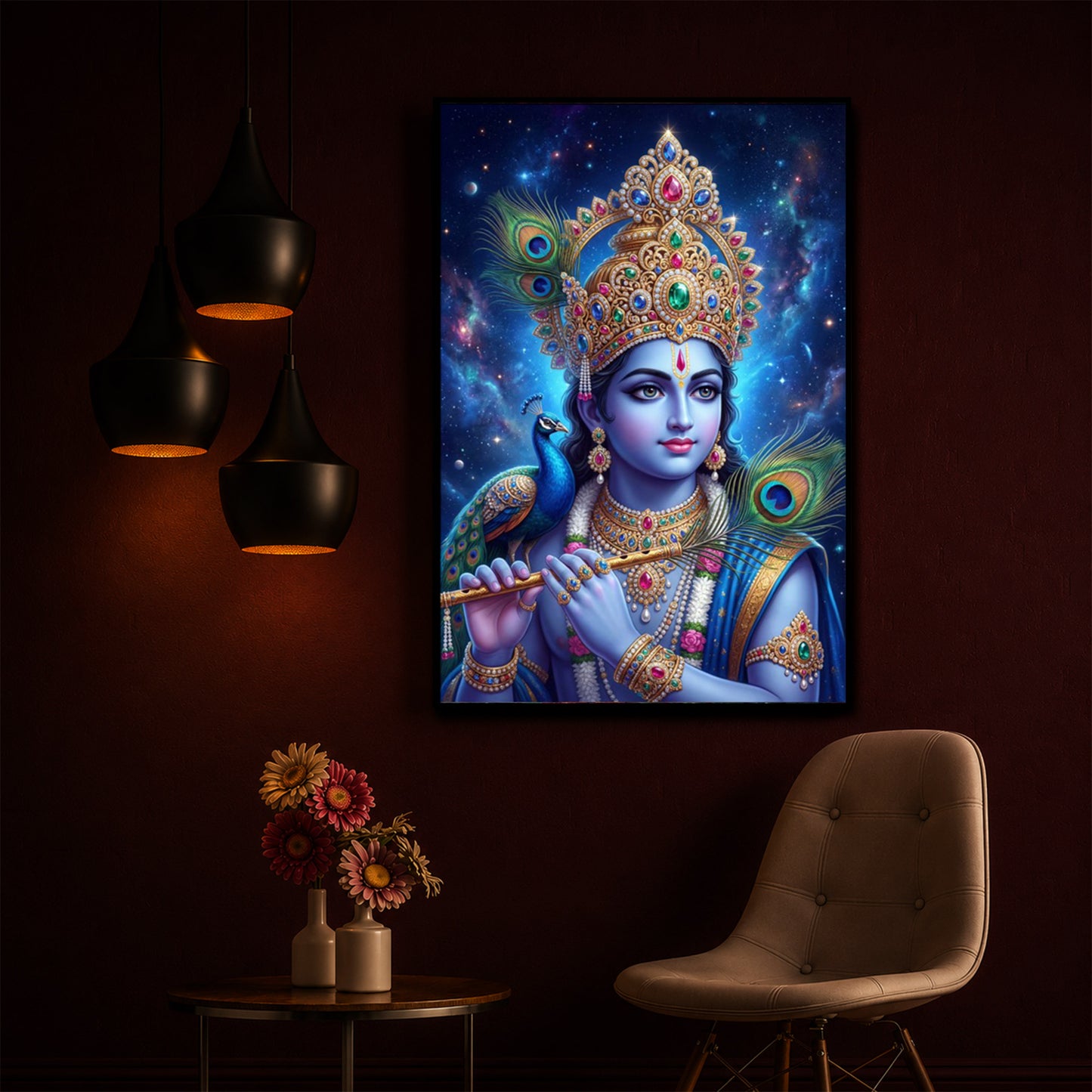 Hindu Deity Lord Krishna Modern Luxury Backlight Vertical Wall Art