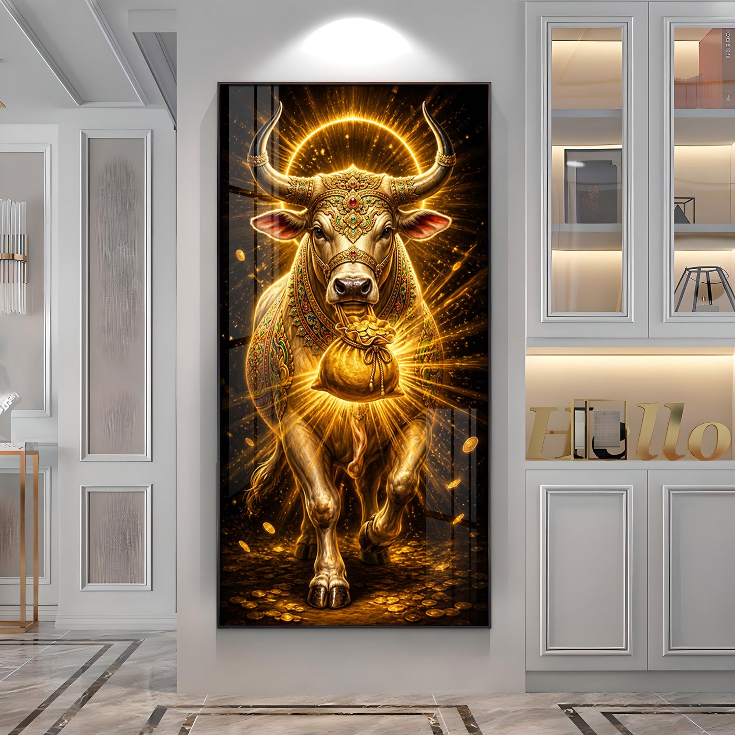 Golden Bull With Bag Of Wealth Premium Acrylic Vertical Wall Art