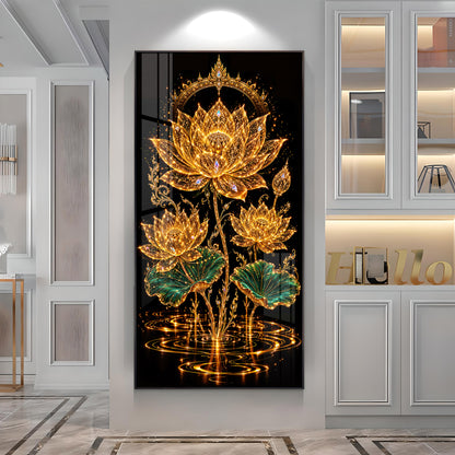 Sacred Golden Lotus Bloom Premium Acrylic Vertical Wall Art