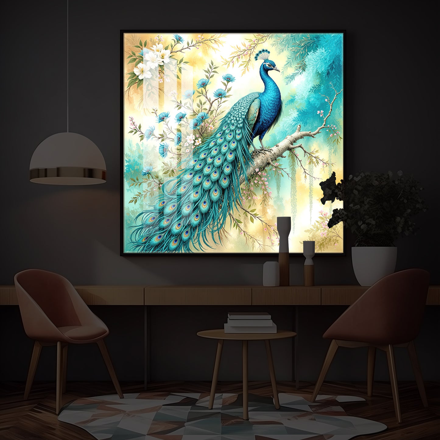 Peacock Perch Art Modern Luxury Backlight Square Wall Art