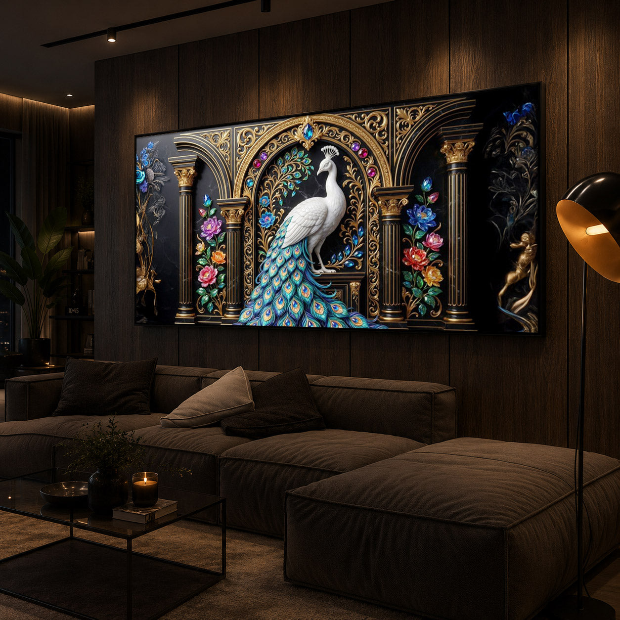 White Peacock Against A Dark Modern Luxury Backlight Horizontal Wall Art