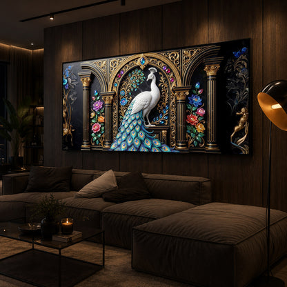 White Peacock Against A Dark Modern Luxury Backlight Horizontal Wall Art