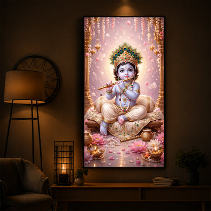Little Laddu Gopal Playing Flute Modern Luxury Backlight Vertical Wall Art