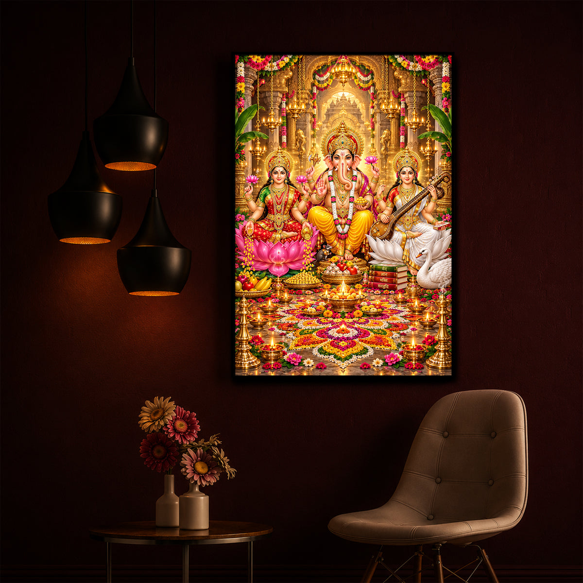 Maa Lakshmi, Lord Ganesha and Goddess Saraswati Modern Luxury Backlight Vertical Wall Art