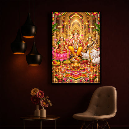 Maa Lakshmi, Lord Ganesha and Goddess Saraswati Modern Luxury Backlight Vertical Wall Art