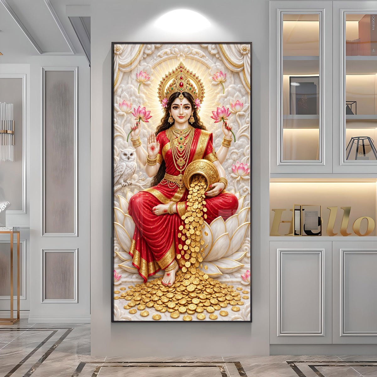 Goddess Laxmi With Gold Coins Premium Acrylic Vertical Wall Art