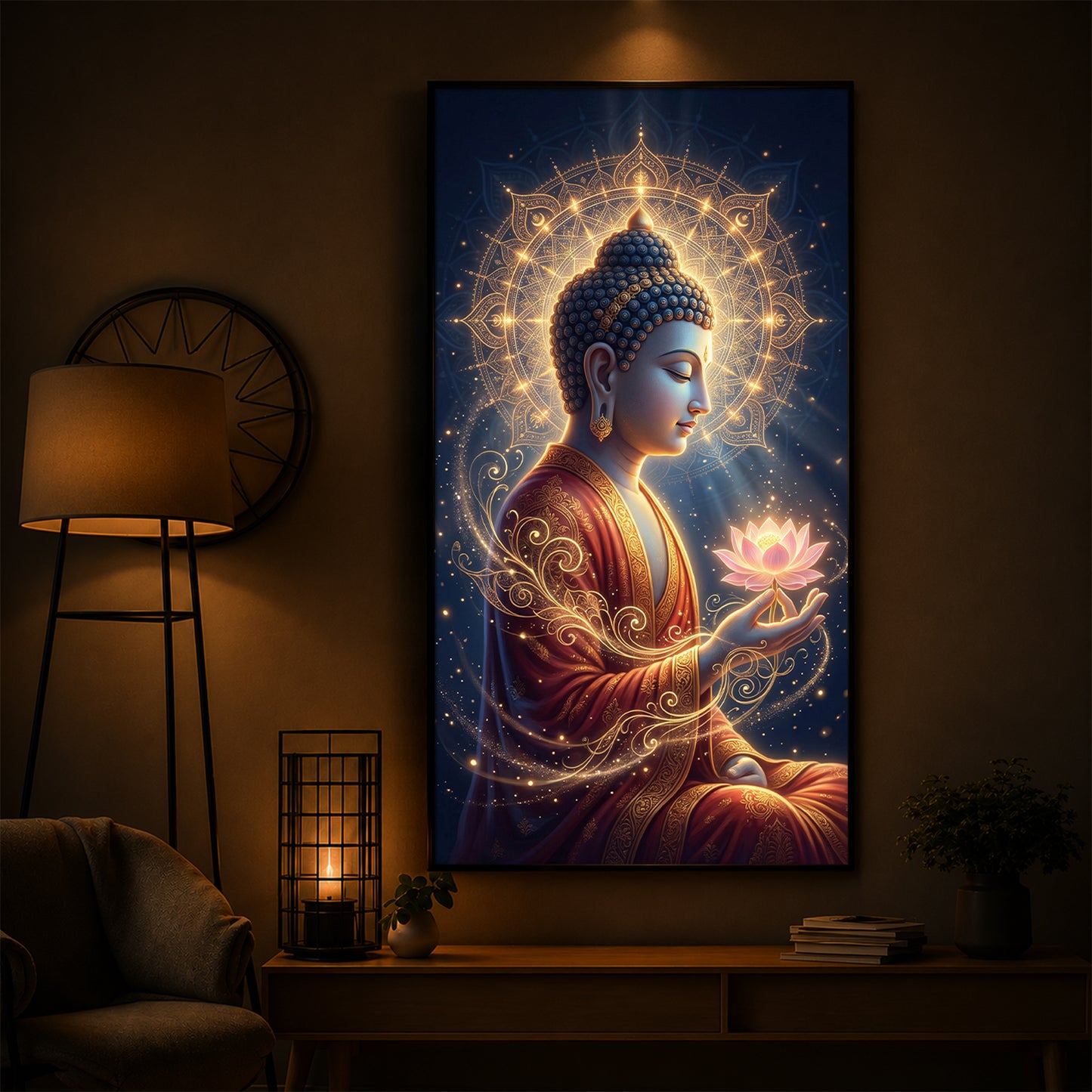 Depiction Of Buddha Modern Luxury Backlight Vertical Wall Art