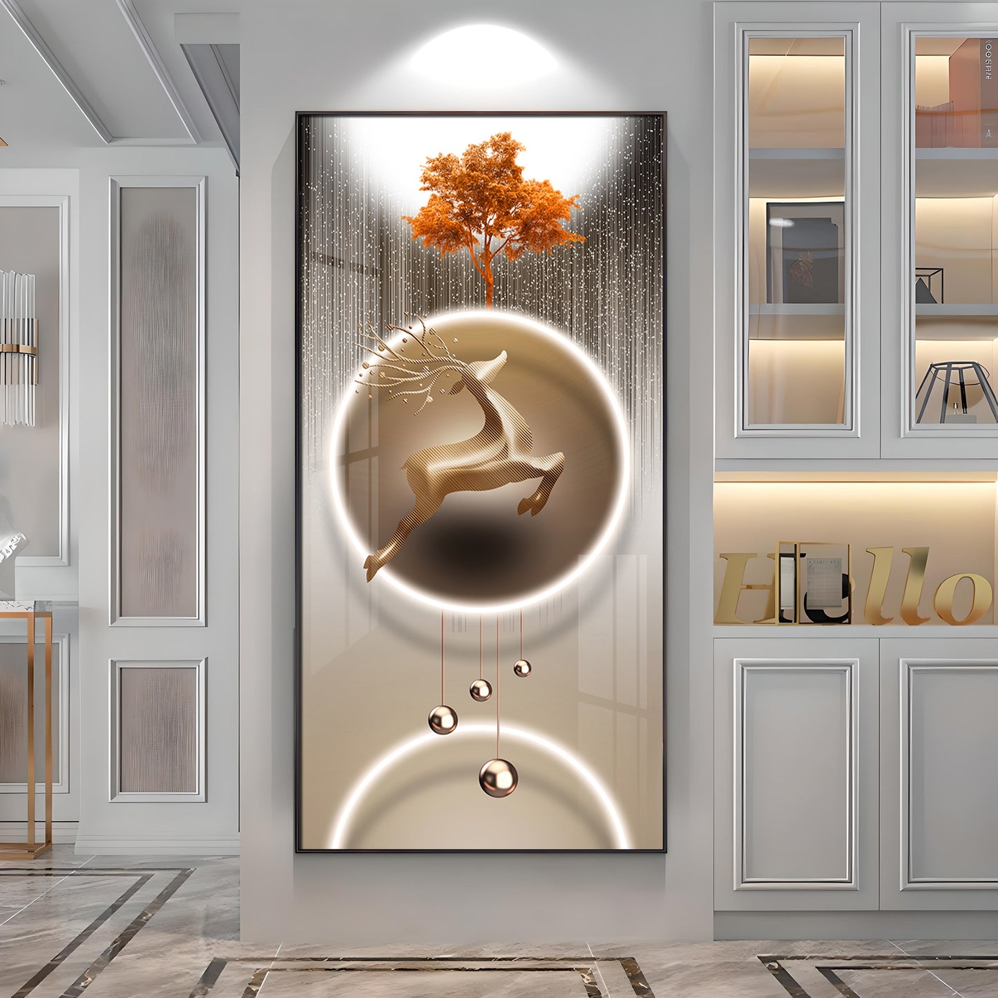 Golden Deer With Orange Tree Premium Acrylic Vertical Wall Art