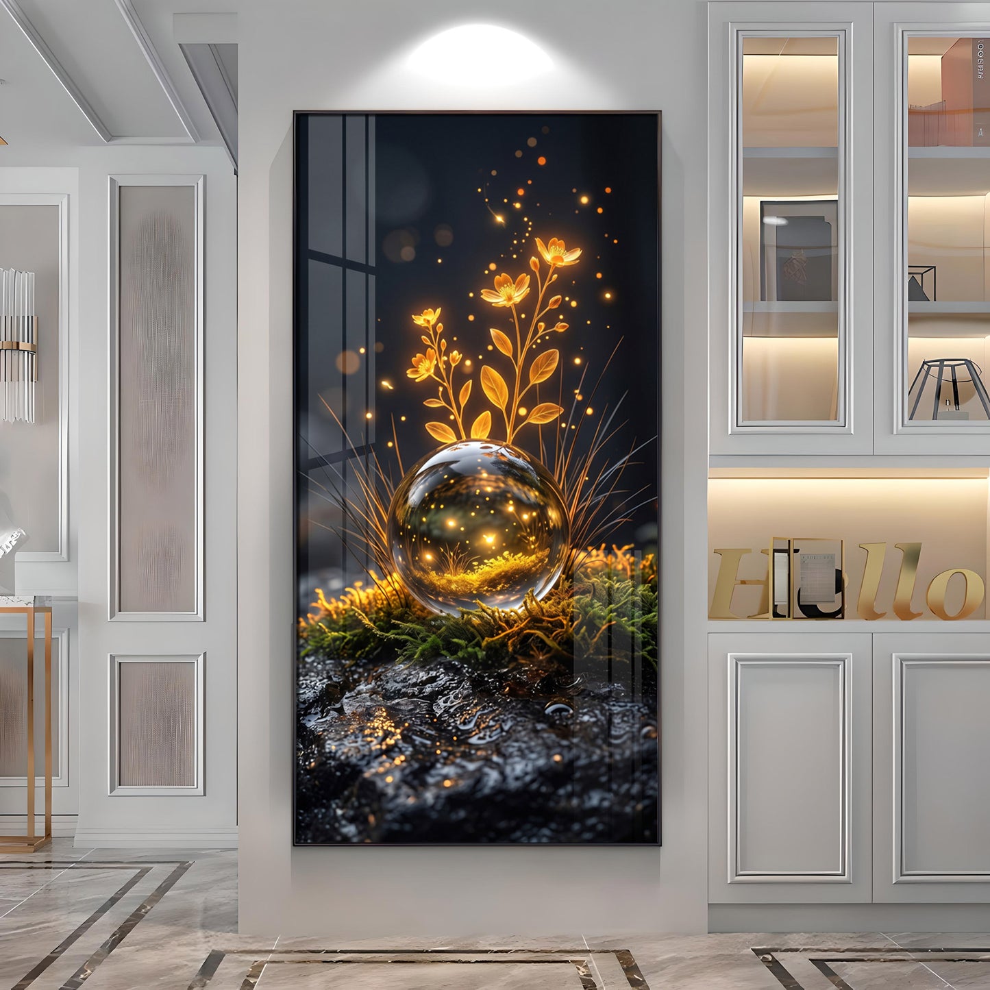 Glowing Crystal Orb & Golden Flowers Premium Acrylic Vertical Wall Art