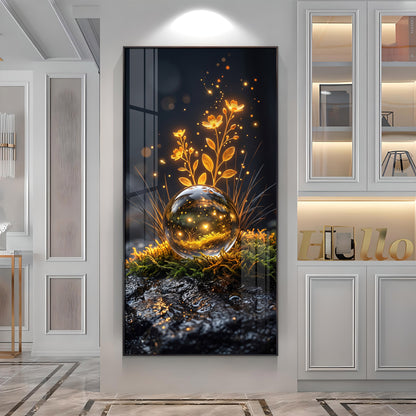 Glowing Crystal Orb & Golden Flowers Premium Acrylic Vertical Wall Art